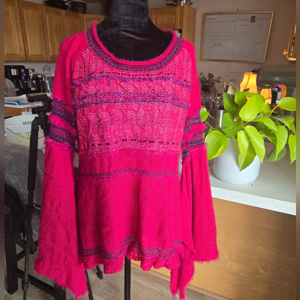 Free People Mohair Wool Blend Sweater Craft Time Fairy Flared Bell Sleeve Pink M